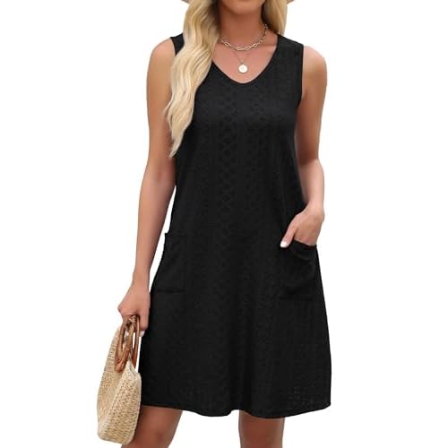 Swimsuit Coverup Summer Dresses for Women Eyelet Casual Loose Sleeveless Sundress with Pockets
