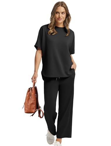 Sampeel Women's Summer Two Piece Sets Black XL Oversized Wide Leg Crop Pants Lounge Outfits