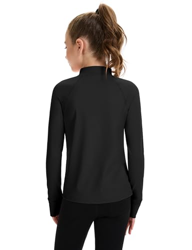 Girls Long Sleeve Turtleneck Shirt - Kids Athletic Top, Black, 9-10 Years