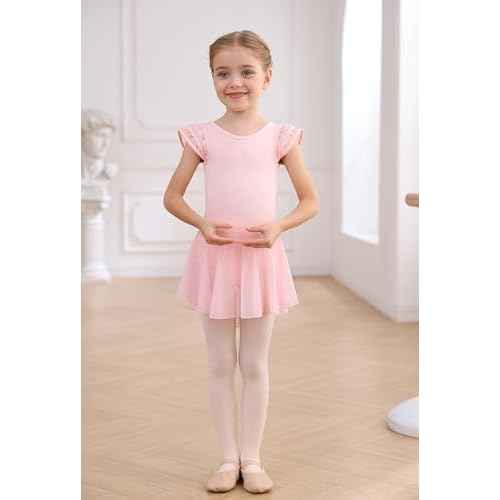 MdnMd Girls Dance Ballet Leotards Dresses for Toddler Ballerina Outfit Skirt Hollow Knot Back Flutter Sleeve