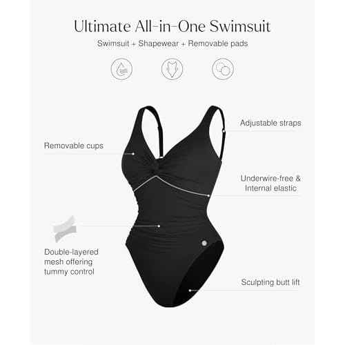Popilush Tummy Control Swimsuits for Women - Ruched One Piece Shapewear Bathing Suit Twist Front Swimwear