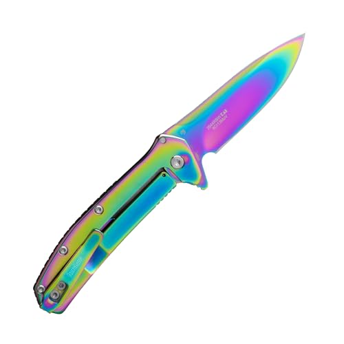 Rainbow Coated Kershaw Outcome Pocket Knife - 2.8 Inch Drop Point Blade, Assisted Opening