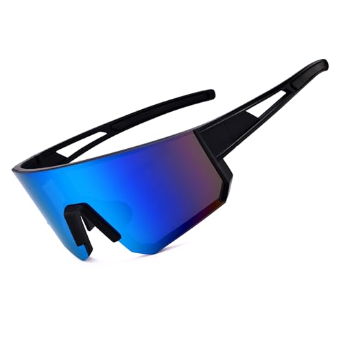 Sports Sunglasses for Men Women Running Cycling UV400 Mirror Lenses 75mm - Black/Blue