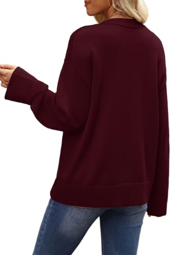 Women's Sweaters Crew Neck Fall Tops - Long Sleeve Fashion Clothing - Medium Wine Red