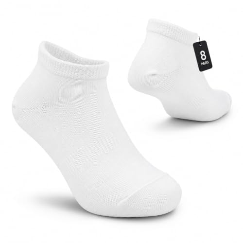 Wide-Cuff Cotton Ankle Socks for Men & Women 8 Pairs - Women 11–13 / Men 10–12 / White