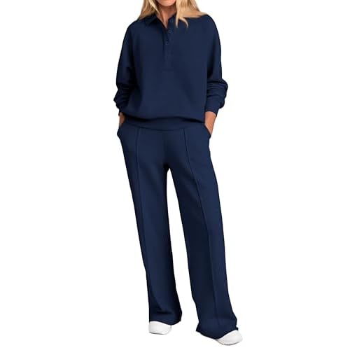 PRETTYGARDEN Women Fall 2 Piece Outfits Sweatsuits Quarter Button Long Sleeve Sweatshirt Wide Leg Pants Tracksuit Lounge Sets