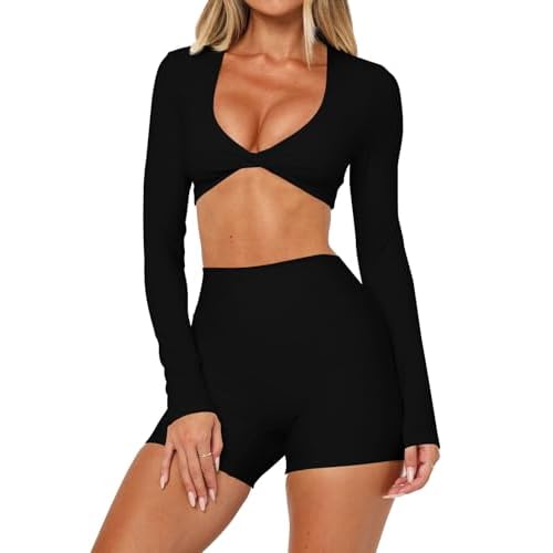 INFITTY Womens Long Sleeve Crop Workout Tops Double Lined Twist Deep V Neck T Shirts Yoga Athletic Top Tee