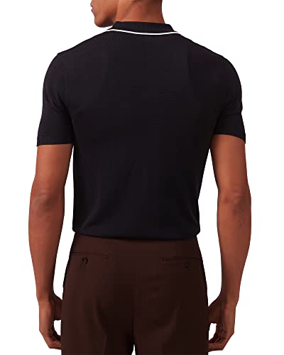Men's Vintage Knitted Polo Shirt Short Sleeve Solid Collared Golf Top - Large Black