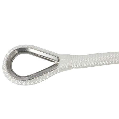 NovelBee 3/8" x 200' Nylon Anchor Rope - White Double Braid Marine Line with Stainless Steel Thimble