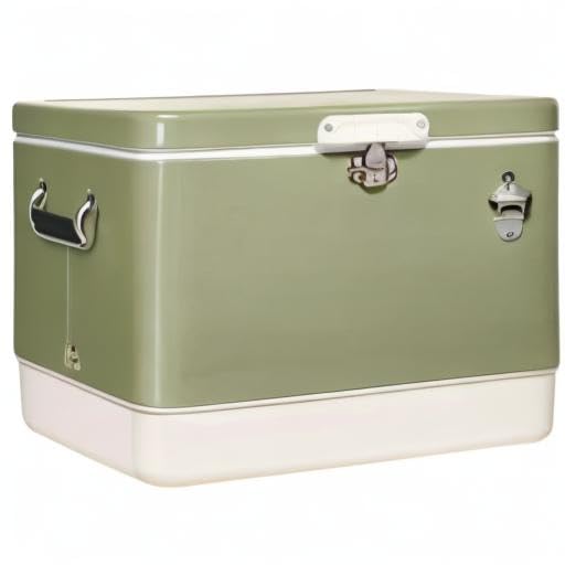 FSE Retro Metal Cooler, 80 Can/54 Qt. Capacity, Hard-Sided, Two Tone, Holds Up to 80 Beverage Cans, Metal Construction with Plastic Lining, Green/Cream