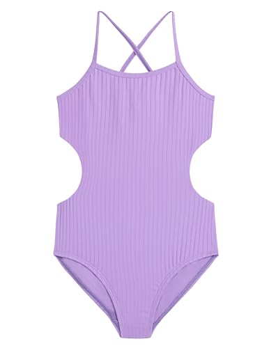 Girls' UPF 50 One-Piece Swimsuit with Double Cut-Out Banded - Lavender 8