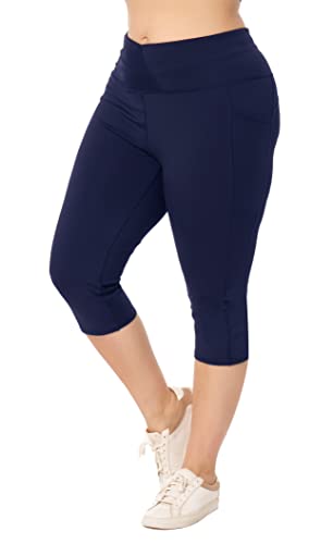 2X Navy Plus Size Women's Leggings with Pockets High Waist Tummy Control