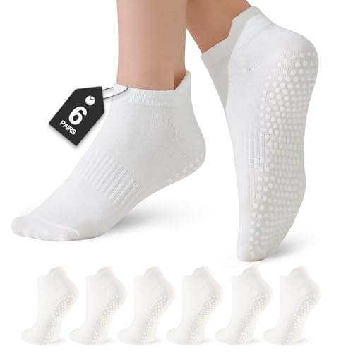 6 Pairs Pilates Socks for Women, White Grip Crew Socks - Non Slip Yoga & Barre Footwear