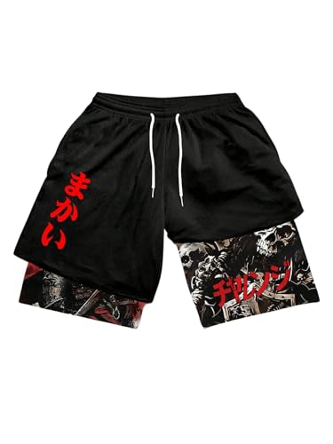 Men's 2 in 1 Gym Shorts with Letter Print & Pockets - Large / Black
