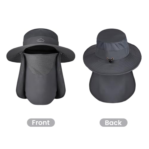 Dark Grey Waterproof Sun Hat with UPF 50+ Face Cover & Neck Flap - Men Women Bucket Hat