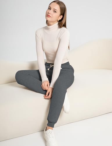 Flygo Womens Winter Fleece Joggers with Pockets - Sherpa Lined Pants, Small Dark Grey