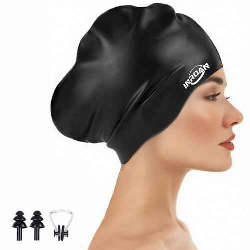 Large Thick Hair Swim Cap with Extra Room for Women Men, Premium Silicone Swimming Cap for Long Hair with Ear Plugs Nose Clip Set, Adult Waterproof Swim Hats Bathing Caps to Keep Hair Dry