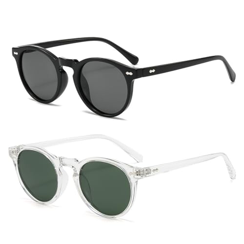 Retro Round Polarized Sunglasses for Women and Men - Vintage Style UV Protection - Black + Transparent/ Grey