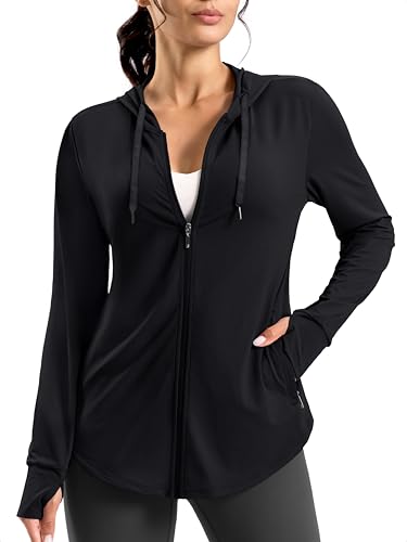 Women's Sun Protection Hooded Lightweight Zip Up Jacket - Large Black