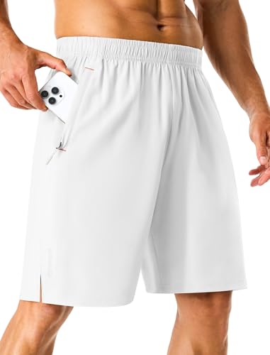 X-Large Men's 7-Inch Running Athletic Shorts with Quick Dry Fabric & Zipper Pockets - White