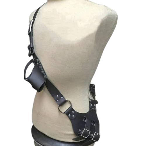 Black Renaissance Faux Leather Shoulder Sword Strap Holder with Double Scabbard - Pirate Medieval Costume Accessory