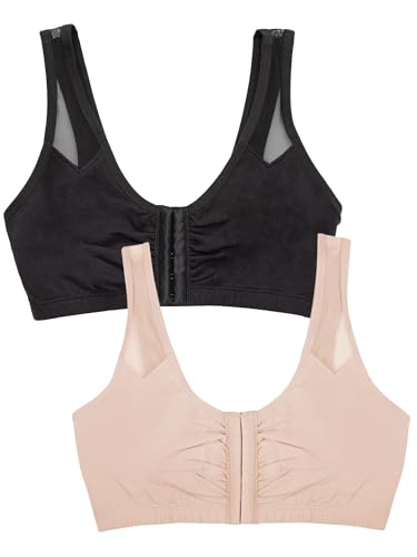 Women’s Comfort Front Close Sport Bra with Mesh Straps - Black & Sand, Size 44
