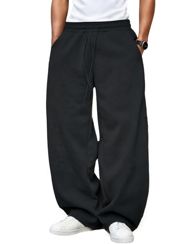 Men's Black Fleece Wide Leg Baggy Sweatpants with Elastic Drawstring Waist - Large
