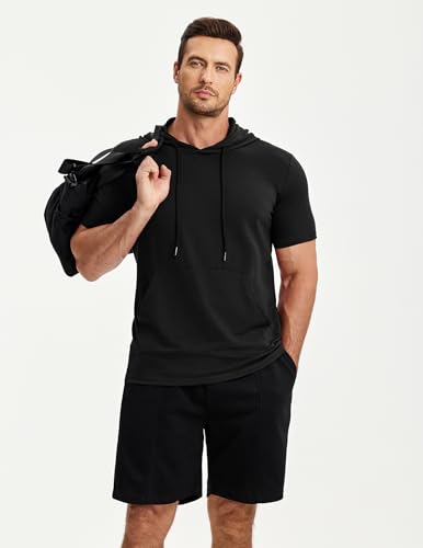 Men's Short Sleeve Hoodie T-Shirt with Pocket - Lightweight, XX-Large, Black