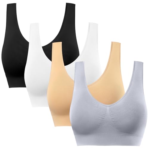 Women’s Seamless Sports Bras with Removable Pads - Large 4-Pack Black, White, Nude, Grey