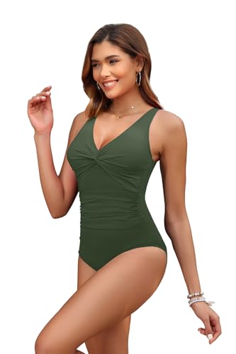 Women's X-Large Tummy Control One Piece Swimsuit with Push-Up and Full Coverage - Army Green