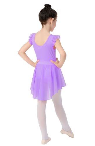 Kids Girls Ruffle Sleeve Tutu Leotard Dress for Dance, Gymnastics & Ballet - 5-6 Years, Black & Purple