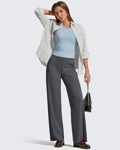 G4Free Ribbed Knit Wide Leg Pants Women with Pockets 32-Inch Inseam Dark Gray