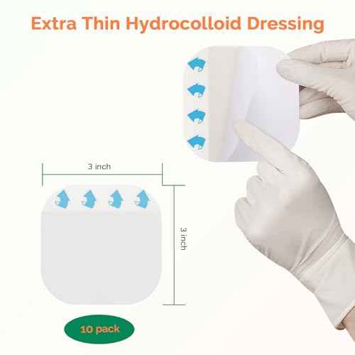 Extra Thin Hydrocolloid Bandages 10 Pack 3" x 3" Large Wound Care Dressing Self Adhesive Big Waterproof Hydrogel Patch Bandaids Healing for Burn Blister Bedsore Acne Care