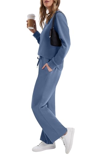 WIHOLL Lounge Sets for Women 2-Piece Travel Outfits Fall 2026 Sweatsuit Tracksuit Medium Grey Blue