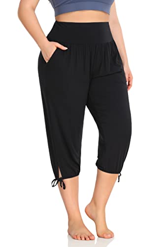 2X ZERDOCEAN Women's Plus Size Yoga Capri Pants Lounge Joggers with Pockets Black