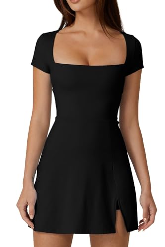 QINSEN Women's Square Neck Tennis Dress Medium Black with Built-in Shorts and Pockets