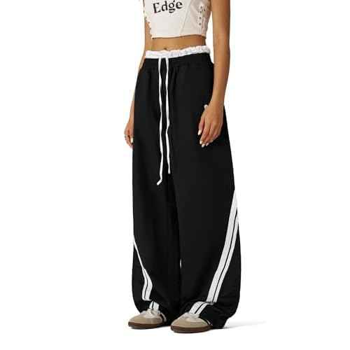 Aelfric Eden Double Waist Baggy Sweatpants Stripes Patchwork Wide Leg Casual Long Pants with Pockets