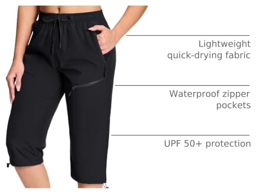 Women's Black Medium Cargo Capri Pants with 5 Pockets - Lightweight Quick Dry UPF 50+ Summer Travel Golf Casual