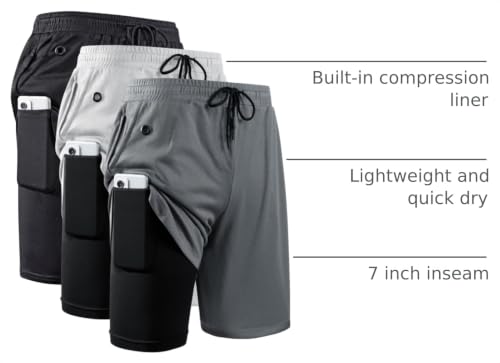 Men's 2-in-1 Workout Shorts with Compression Liner - Large 3 Pack Black & Grey