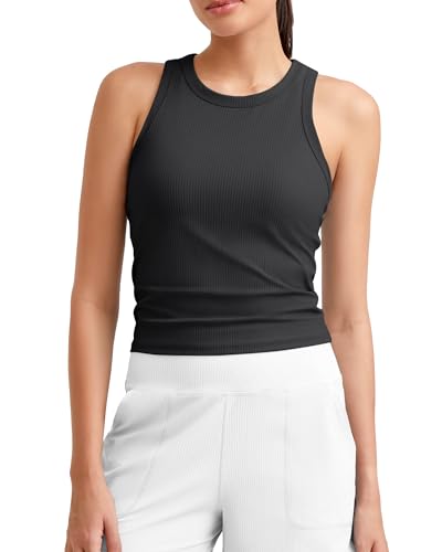 G4Free Women's Ribbed Workout Tank Top - Slim Fit Racerback Yoga Top with No Built-in Bra - Medium Black