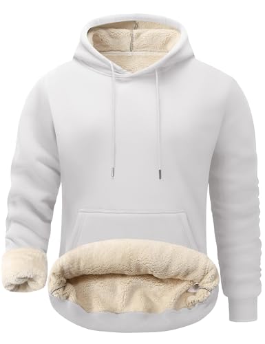 Flygo Men's Casual Fleece Sherpa Lined Hoodie Winter Warm Pullover Hooded Sweatshirt - White, XX-Large