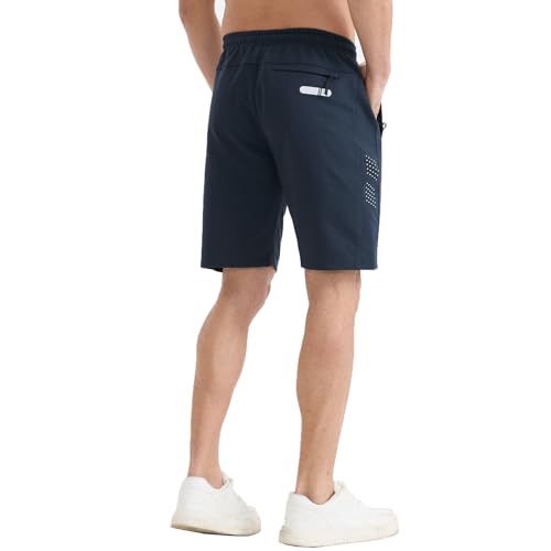 Men's Athletic Shorts with Zipper Pockets - Casual Gym Workout Running Sweat Cotton, Blue, X-Large