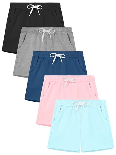 Girls Athletic Shorts 5 Pack Cotton with Pockets - Sizes 2-16Y