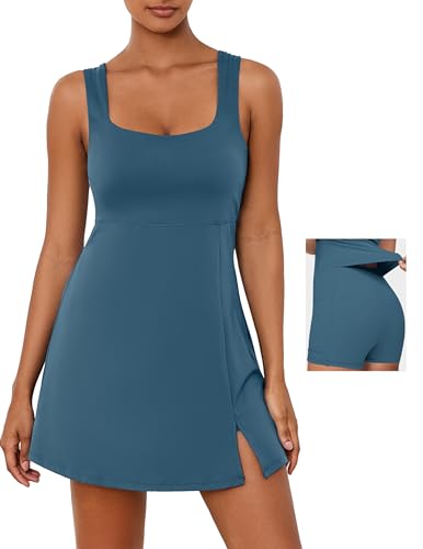 Desol Square Neck Tennis Dress for Women with Pockets, Built-in Shorts, Side Slit - Blue, Medium