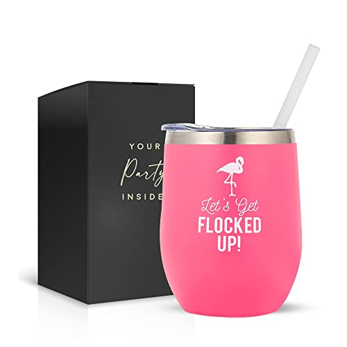 Pink Flamingo 12oz Flocked Wine Tumbler with Lid & Straw - Birthday Gift