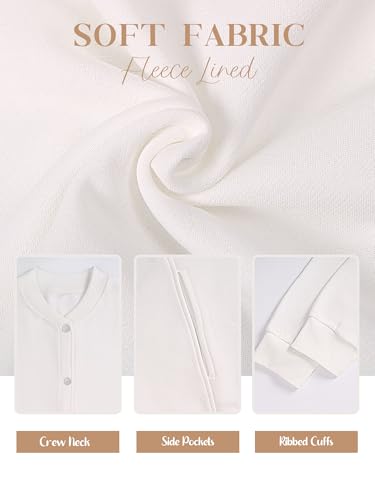 Women's Zip Up Fleece Sweatshirt Crew Neck Jacket with Side Pockets - Medium White