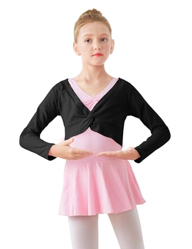 Girls Ballet Wrap Shrug Crop Top Long Sleeve Dance Costume - Black 4-6 Years