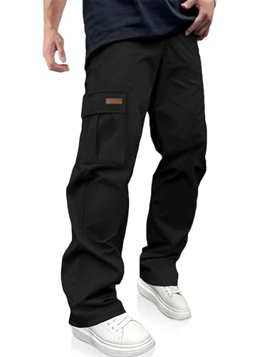 Mens Cargo Pants Casual Workout Hiking Sweatpants Large Black with Multi Pockets