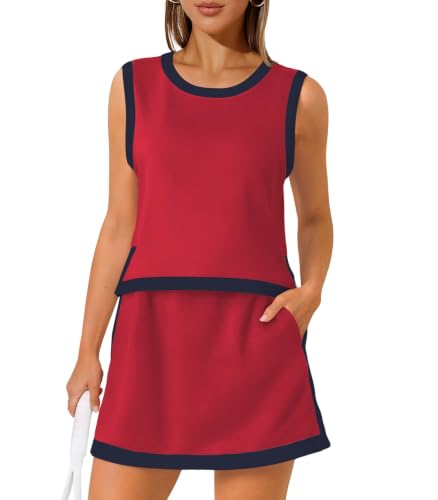 Women's Tennis Skirt Set - 2 Piece Athletic Outfit with Shorts, Medium, Wine Red & Navy Blue