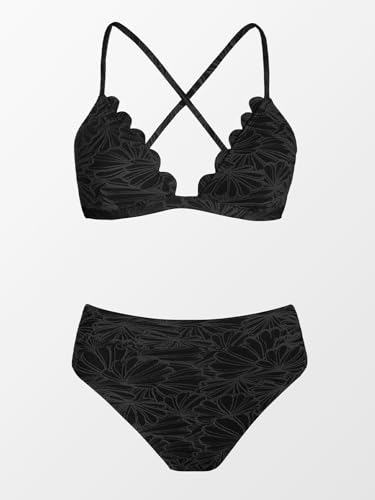 High Waisted Scalloped Bikini Set for Women - Medium Black